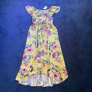NWT BAND OF GYPSIES Yellow Floral Maxi Dress Off Shoulder Ruffle High Low Hem L